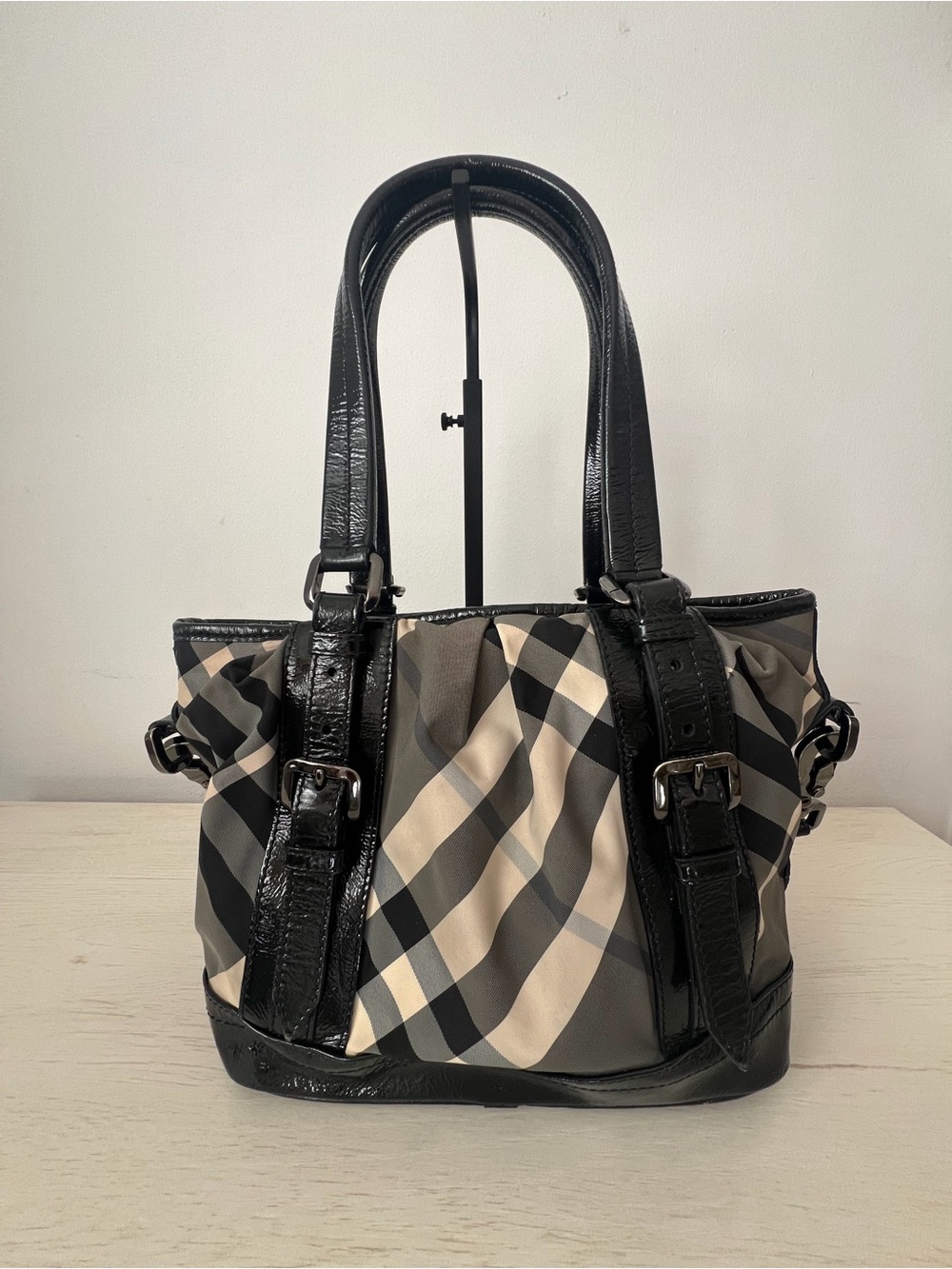 Burberry Black and Beige Checked Tote with Patent Trim